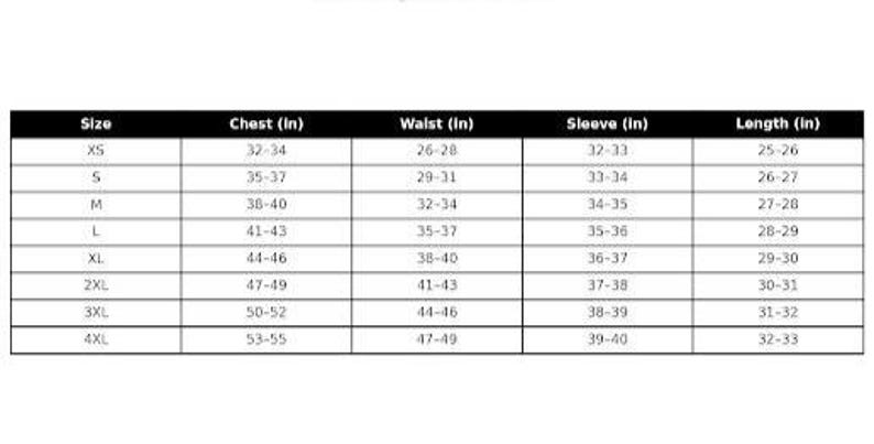 May include: A black and white size chart for clothing, detailing measurements in inches for chest, waist, sleeve, and length. Sizes range from XS to 4XL, with corresponding measurements provided for each size.