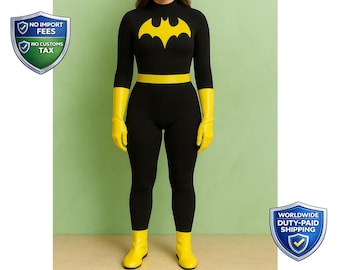 Batgirl Inspired Cosplay Costume | Black & Yellow Jumpsuit, Gloves and Cape Set