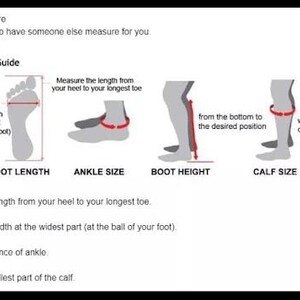 Puede incluir: Un gr&aacute;fico blanco con texto e ilustraciones que detallan c&oacute;mo medir los pies para el tallaje de zapatos. Incluye diagramas para la longitud del pie, el ancho, el tama&ntilde;o del tobillo, la altura de la bota y el tama&ntilde;o de la pantorrilla. El texto explica cada medida.
