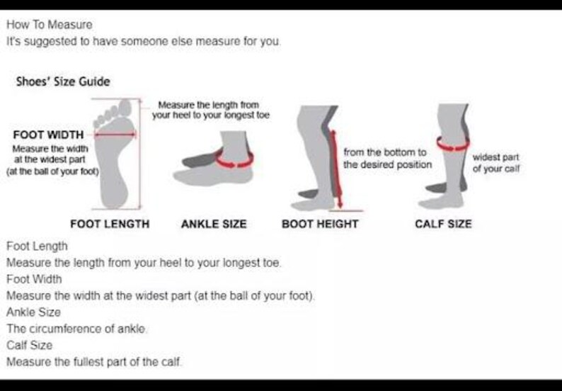 Puede incluir: Un gr&aacute;fico blanco con texto e ilustraciones que detallan c&oacute;mo medir los pies para el tallaje de zapatos. Incluye diagramas para la longitud del pie, el ancho, el tama&ntilde;o del tobillo, la altura de la bota y el tama&ntilde;o de la pantorrilla. El texto explica cada medida.