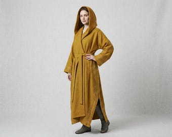 中世ドルイドのマント：ケルト刺繍入りのフード付きコットン製バイキングケープ、LARPコスチューム