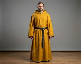 マスタードイエローのフード付きマント、中世風LARPケープ、ルネッサンス魔女ファンタジーローブ