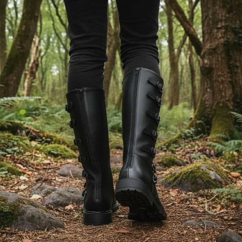 Puede incluir: Botas negras hasta la rodilla con m&uacute;ltiples correas con hebillas y una cremallera lateral. Las botas tienen un tac&oacute;n bajo y se usan con pantalones negros. La imagen est&aacute; tomada desde un &aacute;ngulo bajo, mostrando las botas en un sendero forestal.