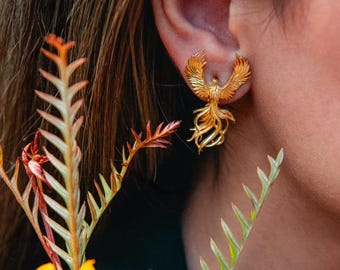 Phoenix oorbellen, Phoenix sieraden, oorbellen met mythische vogel, oorbellen met wedergeboortesymbool, gouden Phoenix oorbellen, sterling zilveren oorbellen