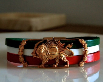 Lion & Sun Bracelet – Persian Symbol Jewelry, Iranian Flag Leather Bracelet, Gold Plated Silver Handmade Cuff