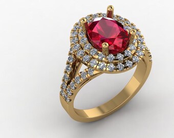 natuurlijke robijnrode verlovingsring 14 kt geelgoud, ovale middensteen, diamanten haloring, op maat gemaakte sieraden
