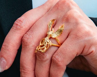 Phoenix ring, gouden zegelring met feniks, sieraad met vuurvogelmotief, ring met mythologische motieven, symbool van wedergeboorte, 10K, 14K, 18K goud of 925 zilver (verguld)