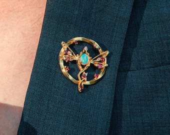 Libellenbroche, gouden libellenspeld, broche met in het laboratorium gekweekte diamanten en robijnen, roze diamanten sieraden, statement speld geïnspireerd op de natuur