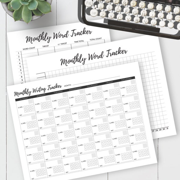 Monthly Word Count / Writing Tracker for Writers / Letter / Printable / INSTANT DOWNLOAD