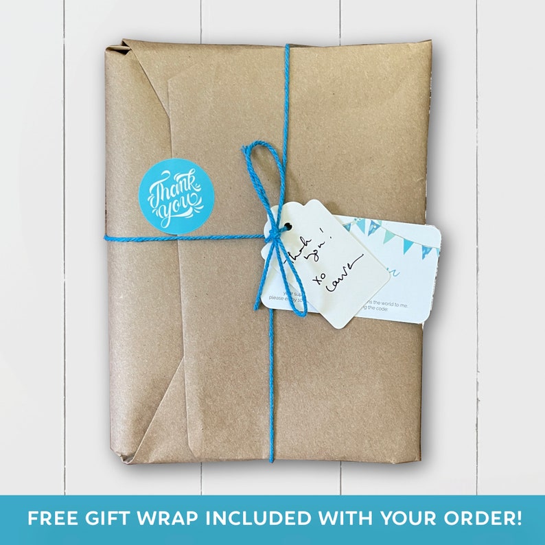 May include: A brown paper package tied with blue twine and a white gift tag. The tag has handwritten text that says "Thank you! xo Love". A round sticker with the text "Thank you" is on the package.