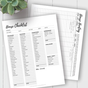 May include: A printable house hunting checklist with sections for address, list price, square footage, lot size, beds, baths, conditions, impressions, quick and dirty, must haves, vibe of place, location, value, final score, and notes and comments. The checklist is designed to help home buyers evaluate and compare different properties.