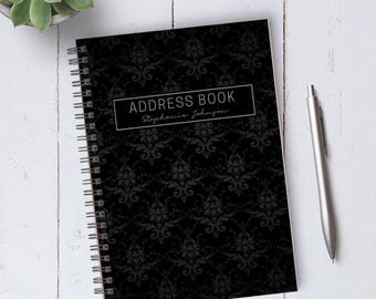 Personalizable Black Damask Address Book / A5 / Coil Bound / Housewarming