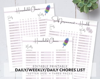 Editable Printable Daily Weekly Monthly Household Chore Cleaning Checklist Planner for Adults / Canva Template / Letter Size