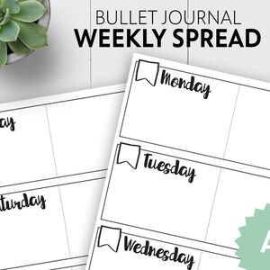 May include: A printable A5 bullet journal weekly spread template with black text on a white background. The days of the week are labelled with a flag design: Monday, Tuesday, Wednesday, Thursday, Friday, Saturday, and Sunday.