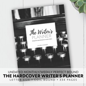 May include: Black and white image of a vintage typewriter with the text "The Writer's Planner" and "Designed specifically for novel writers" on the cover. The book is titled "The Hardcover Writer's Planner" and is described as "Undated Monthly/Weekly Perfect Bound, Letter Size, Coil Bound, 334 Pages".
