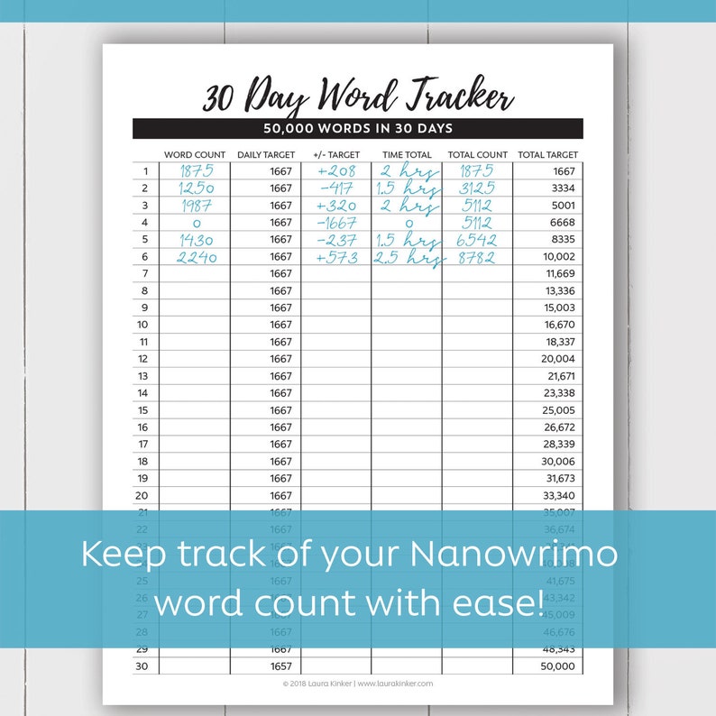 Word Count Tracker For Writers 30 Day 50000 Word Tracker Etsy