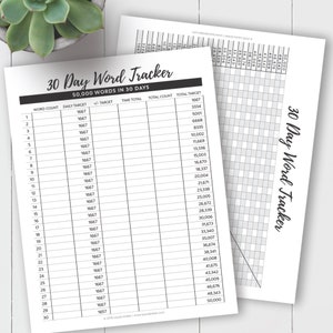 30 Day 50,000 Word Tracker for Writers / Letter / INSTANT DOWNLOAD