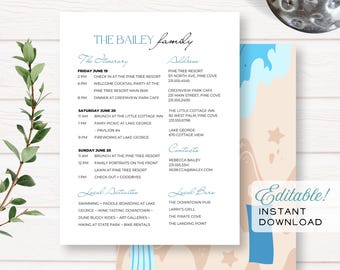 Editable Digital Beach Family Reunion Itinerary Printable Letter Sized Template