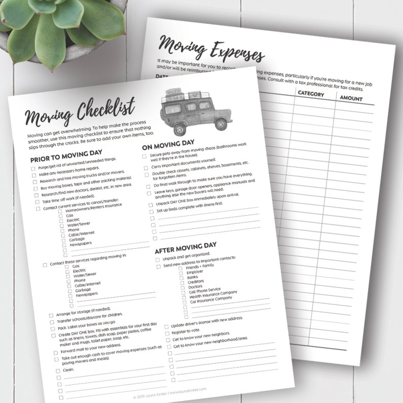 May include: A black and white checklist for moving day. The checklist is divided into three sections: Prior to Moving Day, On Moving Day, and After Moving Day. Each section has a list of tasks to complete. The checklist is designed to help people stay organized and on track during a move.