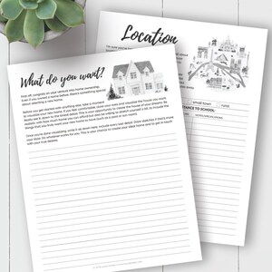 May include: A printable worksheet for planning a new home. The worksheet includes sections for location, distance to school, and notes. The worksheet features a black and white illustration of a house.