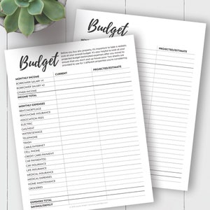 May include: A printable budget worksheet with two columns labeled "Current" and "Projected/Estimate". The worksheet includes categories for monthly income, monthly expenses, and savings/deficit.
