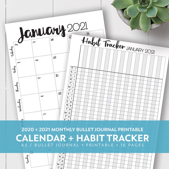 2020 2021 Monthly Calendar Habit Tracker Kit A5 Etsy traker kalendarz