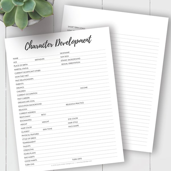 Character Sheet for Writers Etsy
