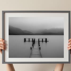 Quiet Waters – Queenstown Jetty Black & White Print, New Zealand Landscape Photography – Misty Lake Calm for Minimalist Wall Decor