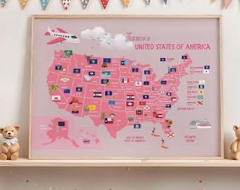 Mappa degli Stati Uniti per bambini: poster educativo con stati, capitali e bandiere | Decorazione murale rosa per la cameretta dei bambini, in inglese