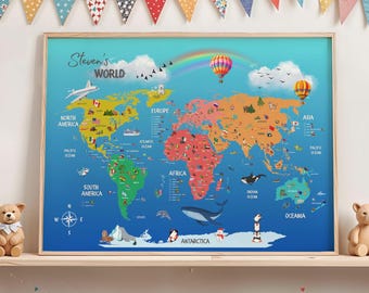 Personalized XXL World Map for Kids with Continents and Countries: Educational Poster for nursery, classroom decor | English & German