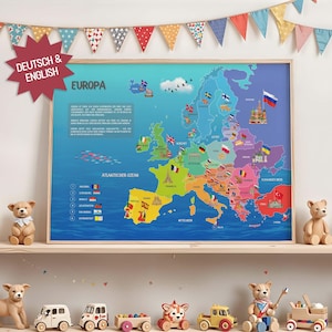 Europakarte Lernposter Kinder mit Flaggen | Europa Länder zweisprachig | Personalisierbar | Sofort-Download