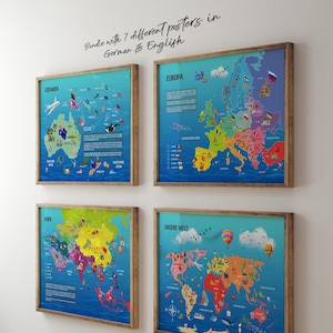 Wereldkaartbundel met leuke motieven om te ontdekken voor kinderen – educatieve posters met vlaggetjes voor de kinderkamer | Direct downloaden