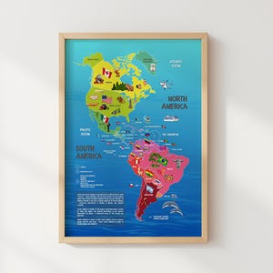 Kaart van Noord- en Zuid-Amerika met leuke motieven om te ontdekken voor kinderen - educatieve poster met vlaggetjes voor de kinderkamer | Direct downloaden