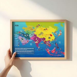 Asia map with cute motifs for children to discover – educational poster with flags, animals and more | German and English | Instant download