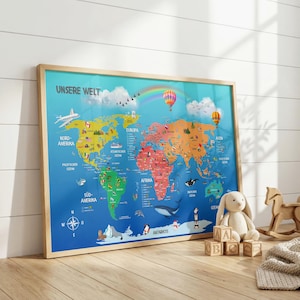 Kids World Map with Flags | Learning Poster Kids Room | Poster or Framed | Back to School Gift