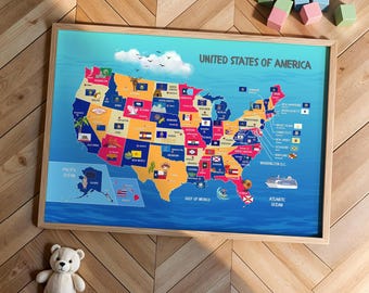 Póster de EE. UU. con estados, capitales y banderas para niños: descarga instantánea en inglés
