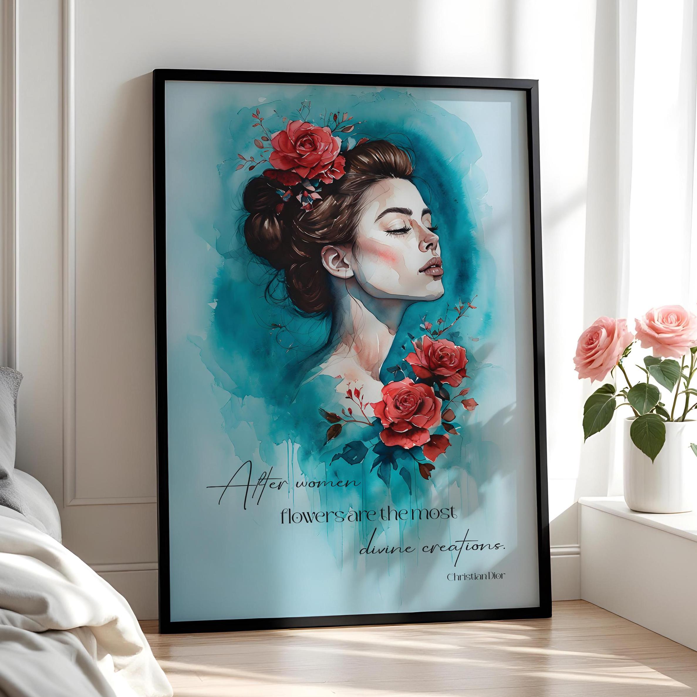Élégante fresque murale avec citation de Christian Dior | Après les femmes, les fleurs sont les créations les plus divines | Affiche de style aquarelle
