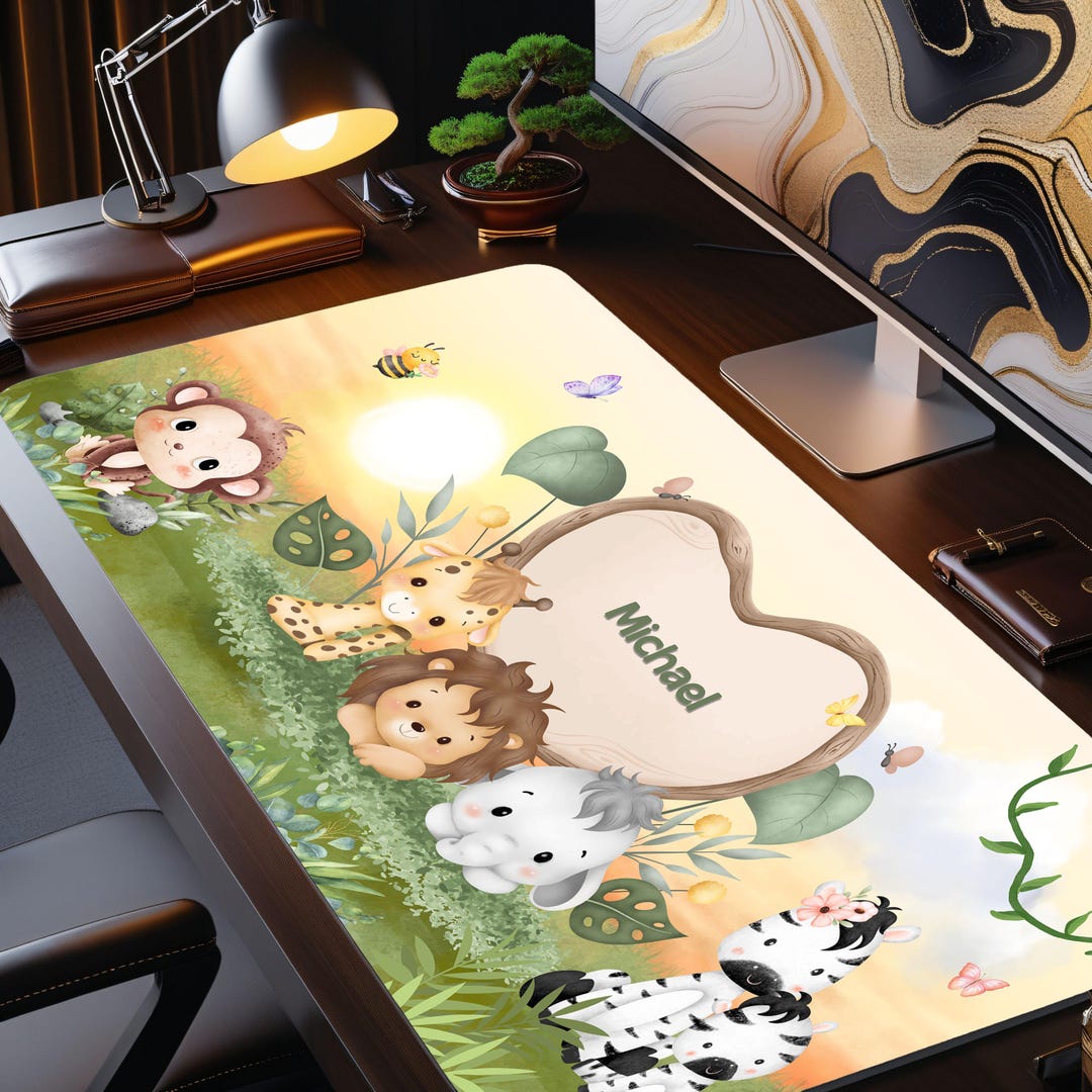 Personalized Kids Desk Mat With Name and Jungle Animals – Custom Desk ...