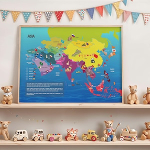 Asienkarta för barn: Lärande poster med länder och flaggor på tyska och engelska som omedelbar nedladdning