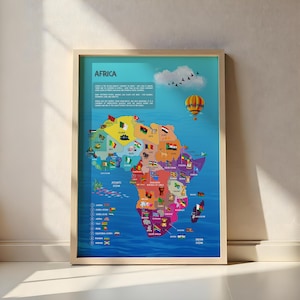 Mapa de África con motivos adorables para que los niños descubran: póster educativo con banderas para la guardería | Alemán e inglés | Descarga instantánea