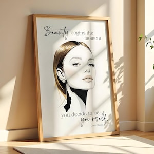 Elegante murale con citazione di Coco Chanel | La bellezza inizia nel momento in cui decidi di essere te stesso | Poster minimalista con/senza cornice