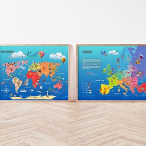 Set van twee kaarten van Europa en de wereld met leuke motieven om te ontdekken voor kinderen – educatieve posters met vlaggen voor de kinderkamer | Direct downloaden