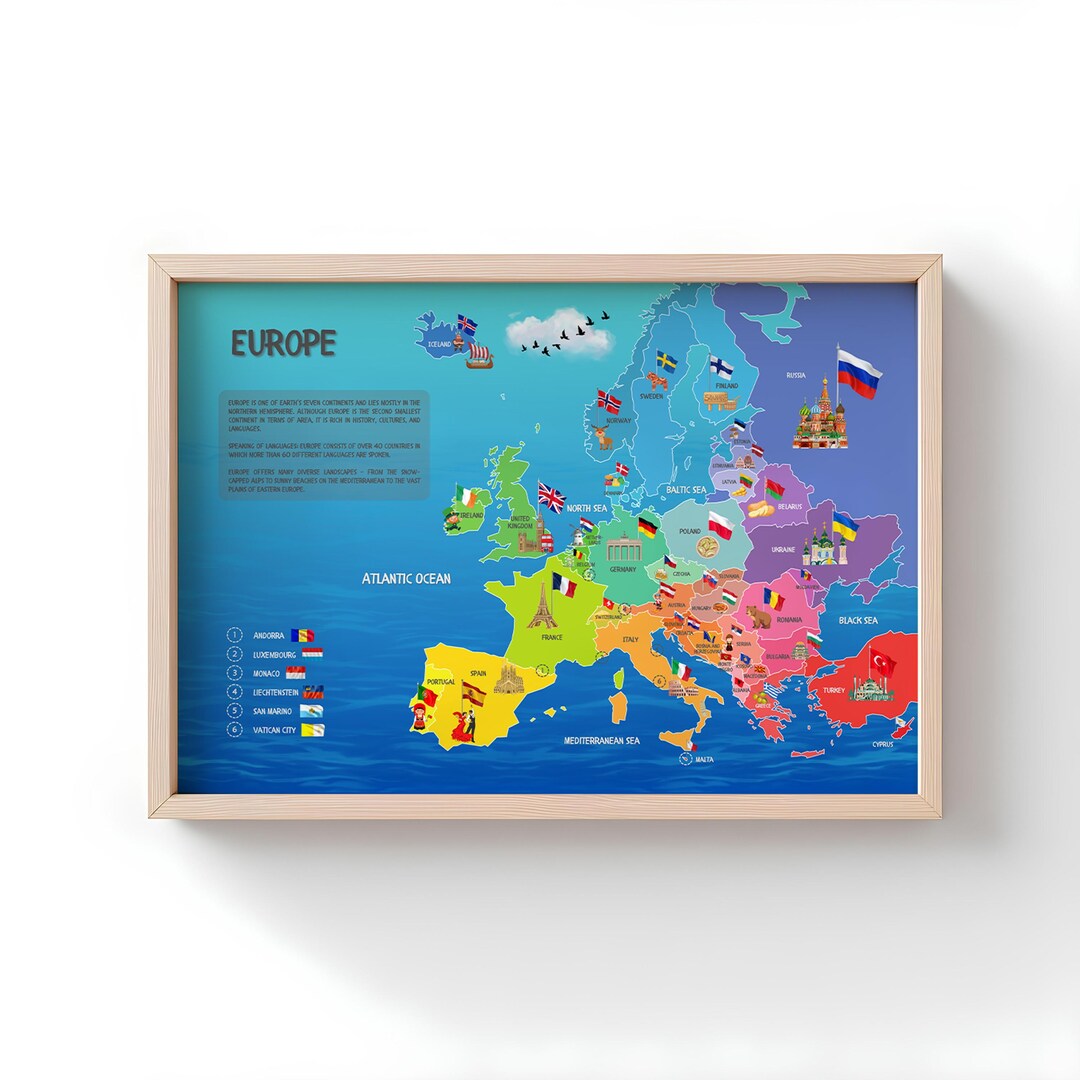 Europe Map for Kids With Flags – Educational Poster for Nursery ...