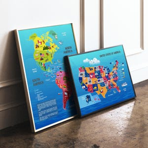 Set van drie kaarten van Amerika, de VS en de wereld met leuke motieven voor kinderen om te ontdekken - educatieve posters met vlaggen voor de kinderkamer | Direct downloaden