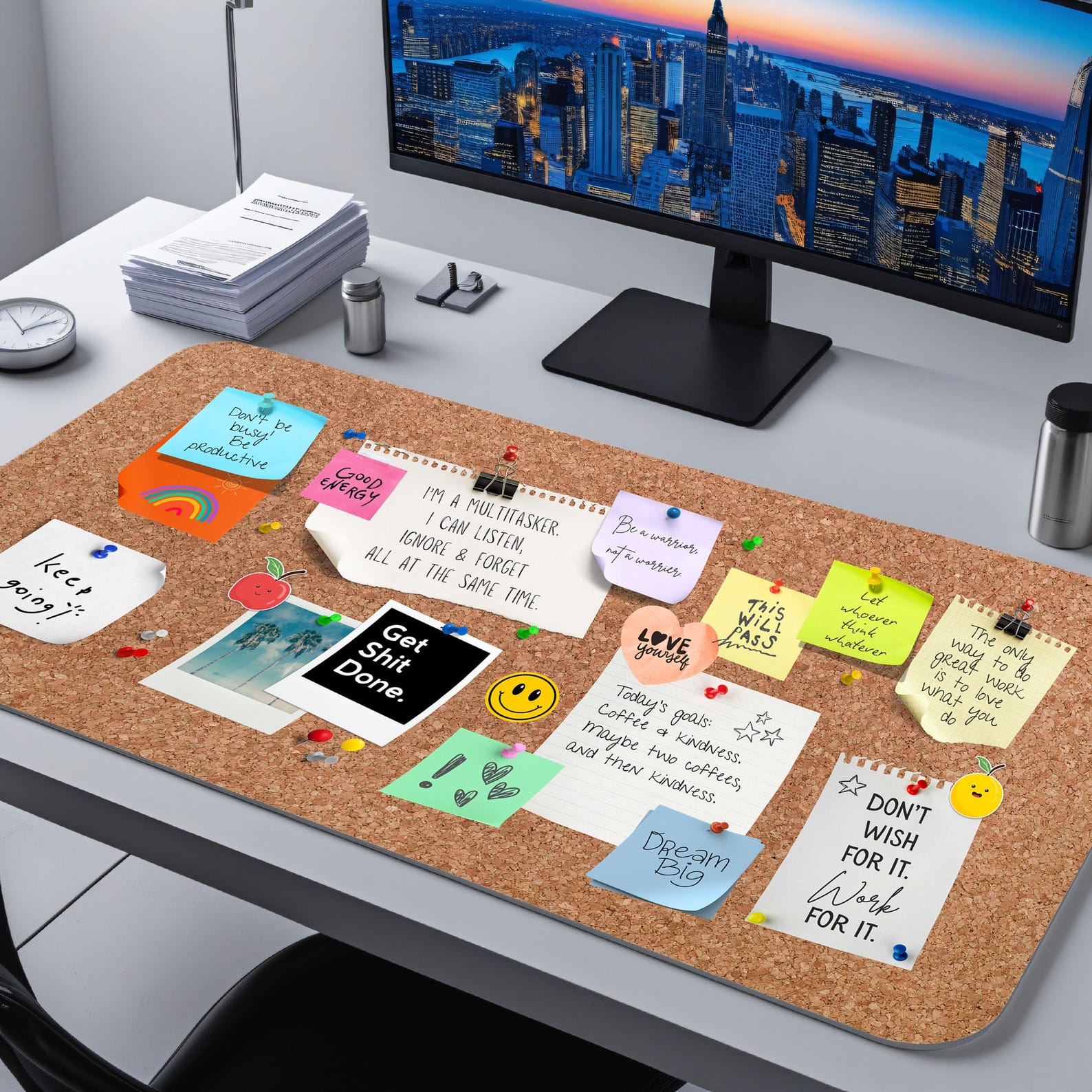 Corkboard Style Desk Mat – Motivational Quotes & Sticky Note Design ...