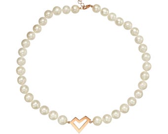 Generosa Choker Rose Gold Cultured Pearls Unique Design Heart Shape Diamonds