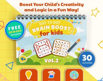 Può includere: Un libro di attività punto a punto colorato per bambini, intitolato "Brain Boost for Kids" con una copertina gialla, rossa e blu. Il libro presenta un'immagine di una volpe e un gatto, e include 30 attività. Il libro è etichettato come "Vol. 2" ed è progettato per bambini dai 4 anni in su.