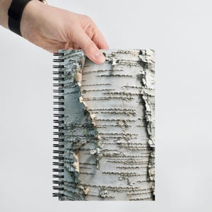Peut inclure: Cahier à spirales avec un motif d'écorce de bouleau. La couverture présente un gros plan de la surface texturée de l'écorce, avec des nuances de blanc, de gris et de brun. La reliure spirale du cahier est noire.