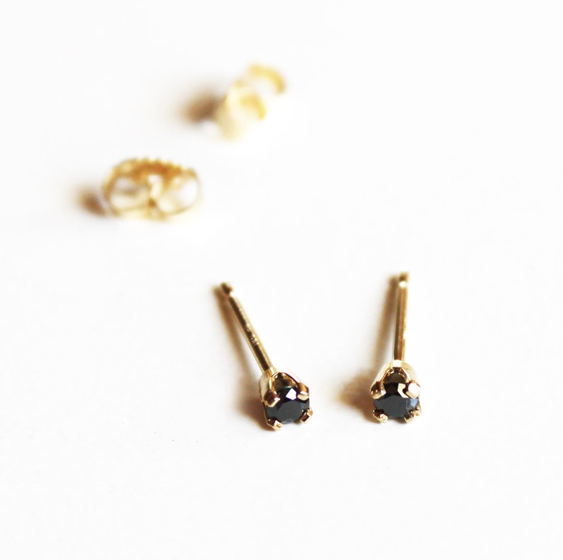 Tiny Black Diamond Stud Earrings 14K yellow gold image 2