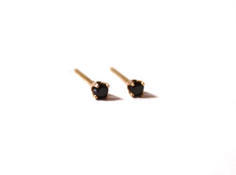 Tiny Black Diamond Stud Earrings 14K yellow gold image 1